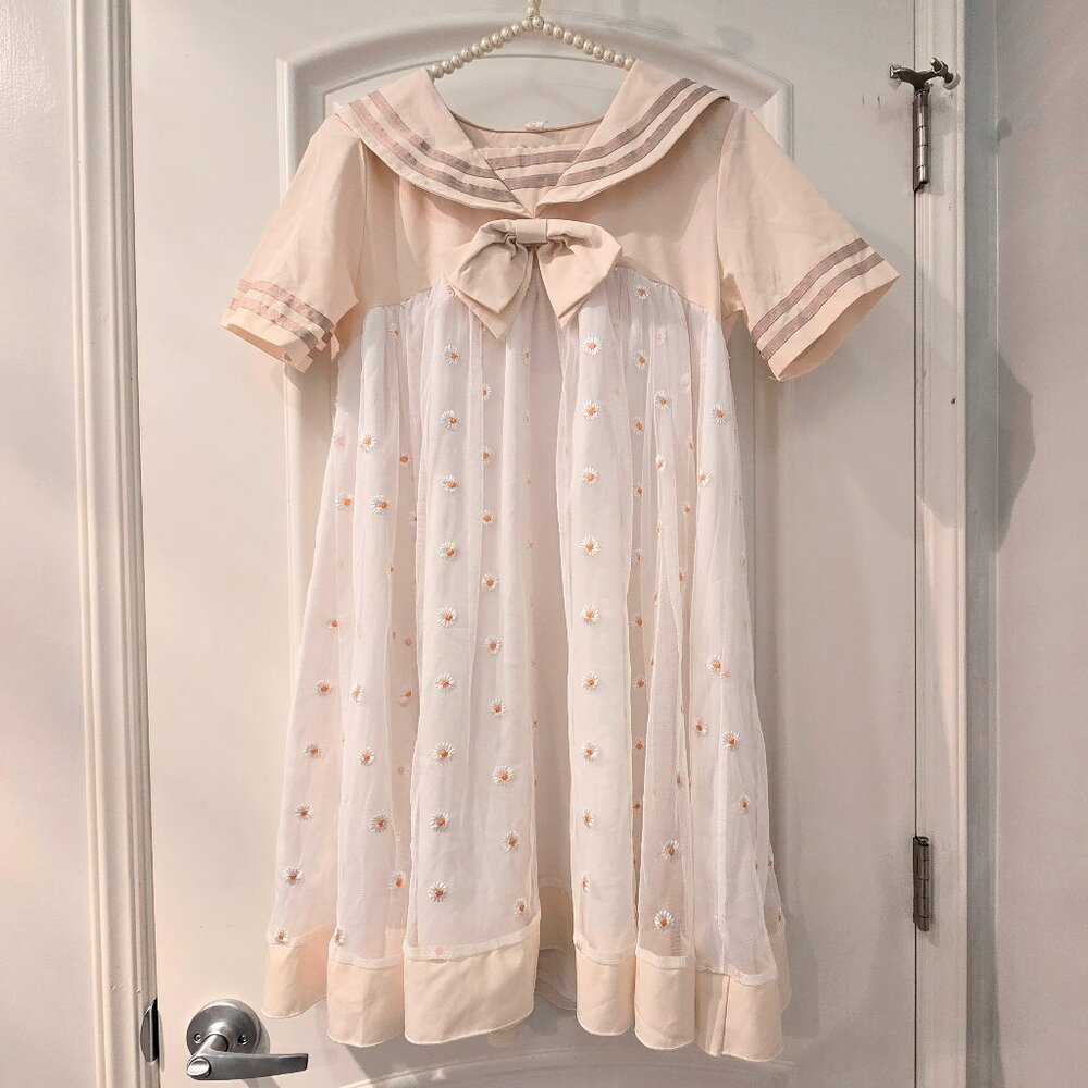 Kawaii cream daisy embroidered sailor collar babydoll dress
